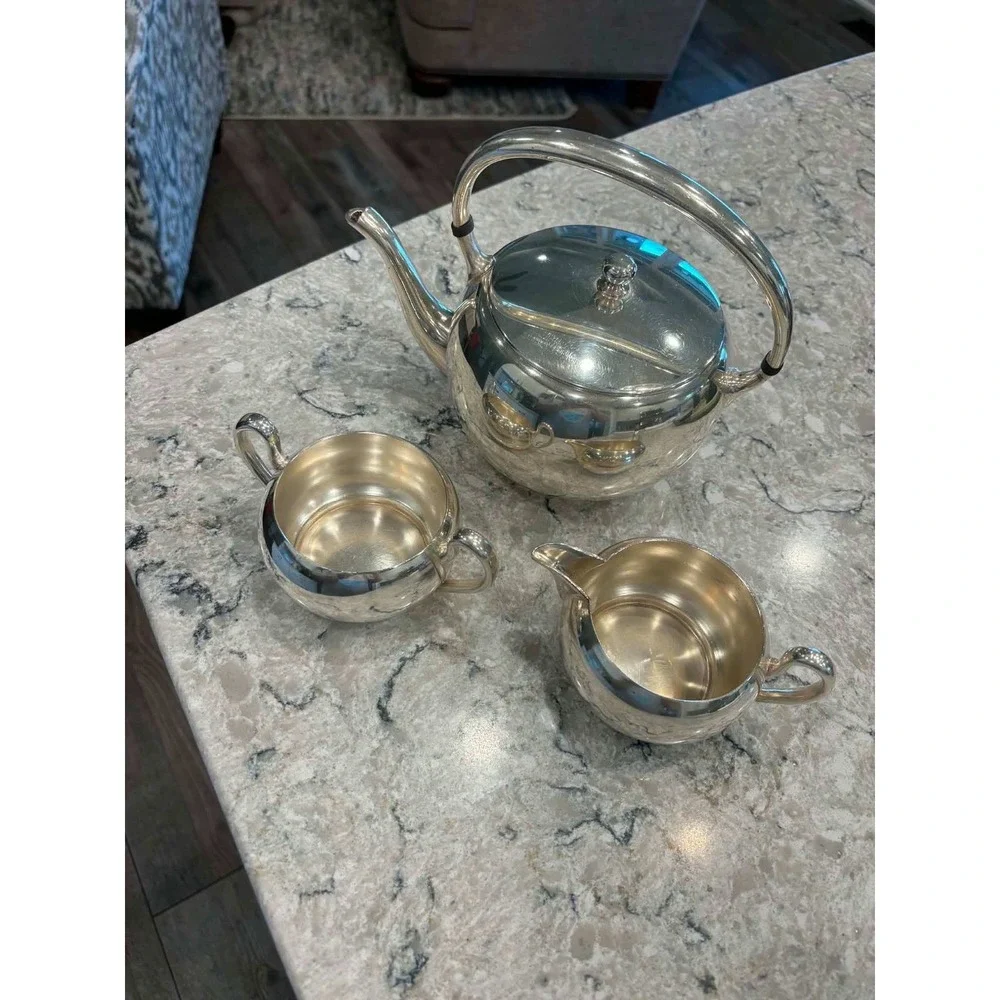 4 Piece Set of Gotham Silver on Copper Teapot w/ Lid, Creamer and Sugar Bowl Set